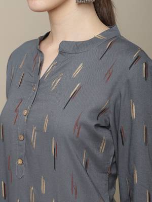 Grey printed cotton round neck kurtas and kurtis 5