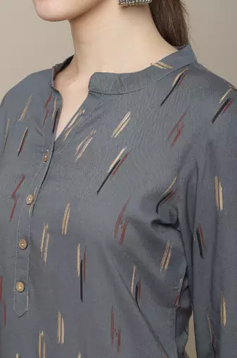 Grey printed cotton round neck kurtas and kurtis