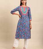 Blue embroidered cotton round neck kurtas and kurtis