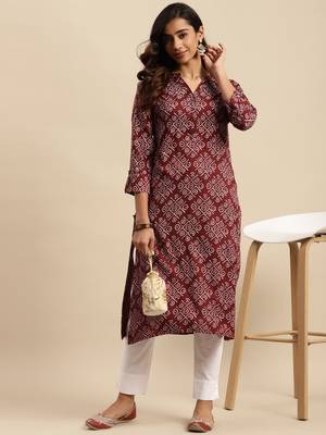 Maroon printed cotton round neck kurtas and kurtis 1