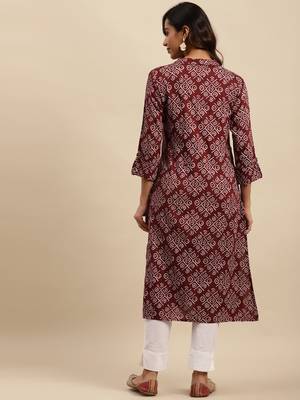 Maroon printed cotton round neck kurtas and kurtis 2