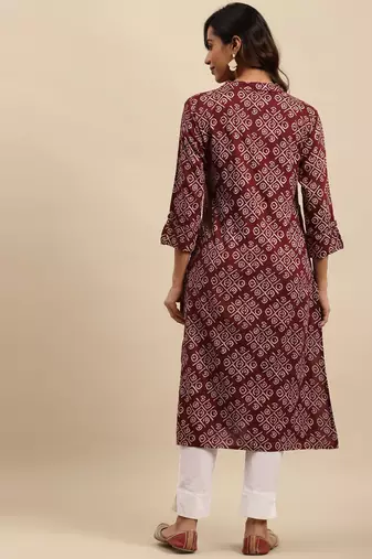 Maroon printed cotton round neck kurtas and kurtis