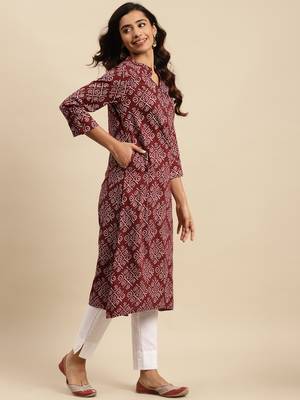 Maroon printed cotton round neck kurtas and kurtis 3