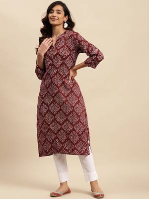 Maroon printed cotton round neck kurtas and kurtis 4