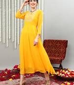 Yellow embroidered georgette round neck long kurtis