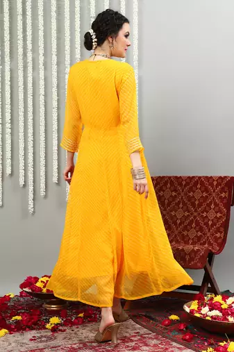 Yellow embroidered georgette round neck long kurtis