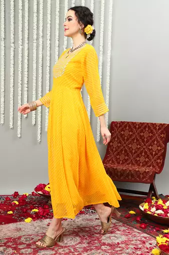 Yellow embroidered georgette round neck long kurtis
