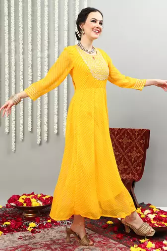Yellow embroidered georgette round neck long kurtis
