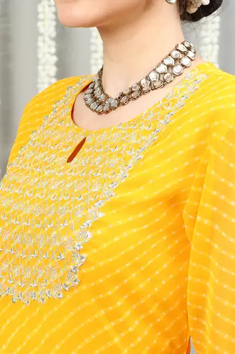 Yellow embroidered georgette round neck long kurtis
