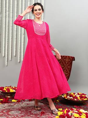 Pink embroidered georgette round neck long kurtis 1