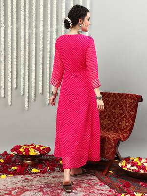 Pink embroidered georgette round neck long kurtis 2