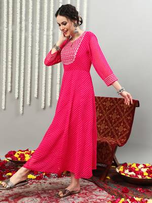Pink embroidered georgette round neck long kurtis 3