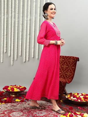 Pink embroidered georgette round neck long kurtis 4