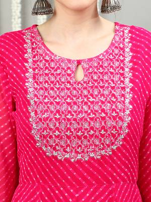 Pink embroidered georgette round neck long kurtis 5