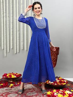 Blue embroidered georgette round neck long kurtis 1