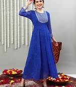 Blue embroidered georgette round neck long kurtis