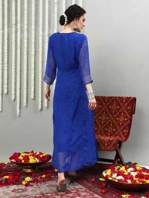 Blue embroidered georgette round neck long kurtis 2