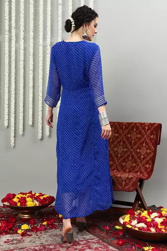 Blue embroidered georgette round neck long kurtis