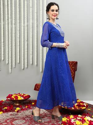 Blue embroidered georgette round neck long kurtis 3