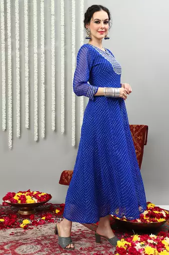 Blue embroidered georgette round neck long kurtis