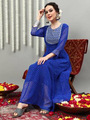 Blue embroidered georgette round neck long kurtis 4