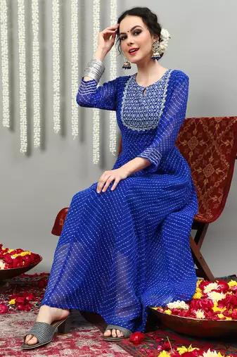 Blue embroidered georgette round neck long kurtis
