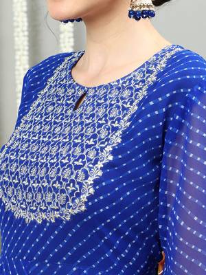 Blue embroidered georgette round neck long kurtis 5