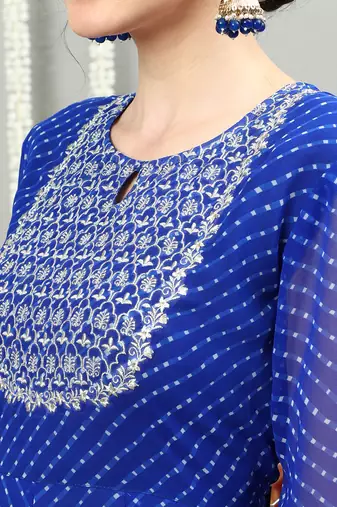 Blue embroidered georgette round neck long kurtis
