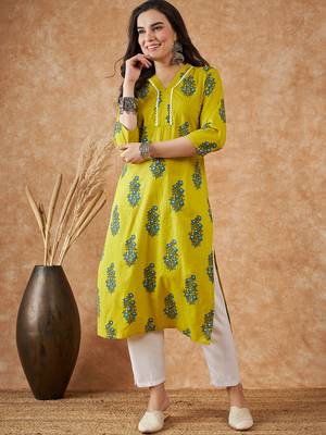 Green printed cotton v neck kurtas and kurtis 1