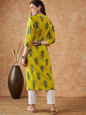 Green printed cotton v neck kurtas and kurtis 2