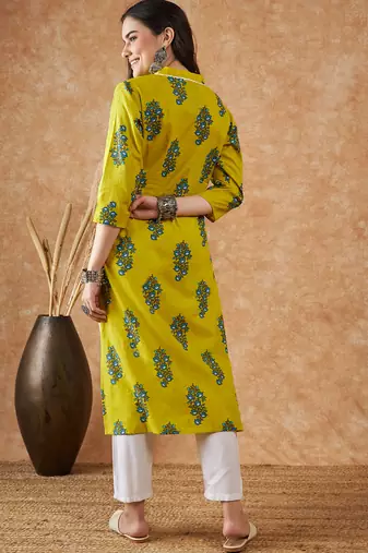Green printed cotton v neck kurtas and kurtis