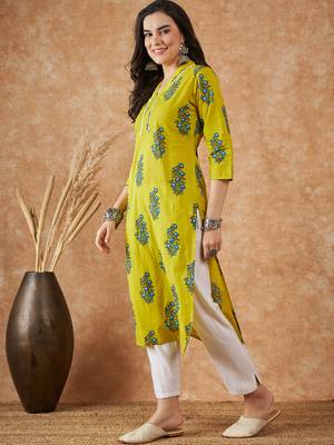 Green printed cotton v neck kurtas and kurtis 3