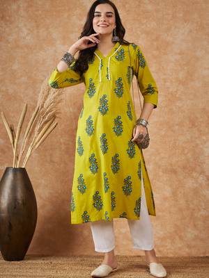Green printed cotton v neck kurtas and kurtis 4