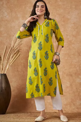 Green printed cotton v neck kurtas and kurtis