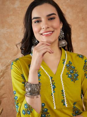 Green printed cotton v neck kurtas and kurtis 5