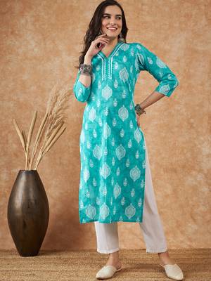 Blue printed cotton v neck kurtas and kurtis 1