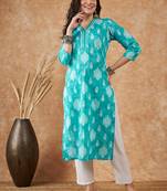 Blue printed cotton v neck kurtas and kurtis