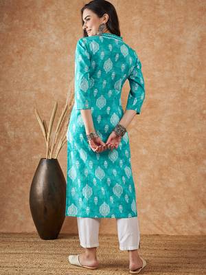 Blue printed cotton v neck kurtas and kurtis 2