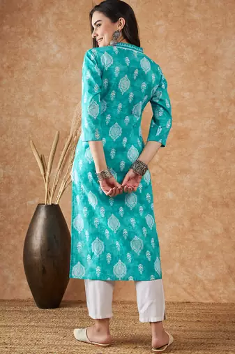 Blue printed cotton v neck kurtas and kurtis