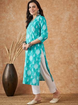Blue printed cotton v neck kurtas and kurtis 3