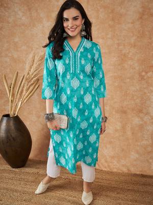 Blue printed cotton v neck kurtas and kurtis 4