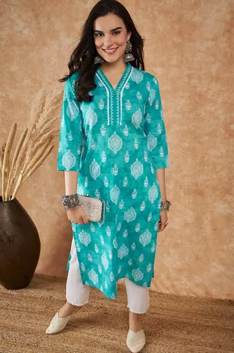 Blue printed cotton v neck kurtas and kurtis