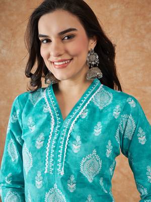 Blue printed cotton v neck kurtas and kurtis 5