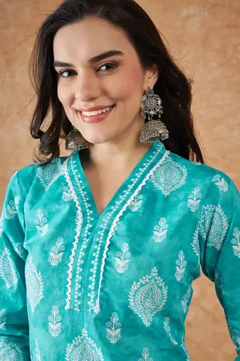 Blue printed cotton v neck kurtas and kurtis