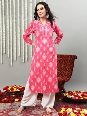 Pink printed cotton v neck kurtas and kurtis 1