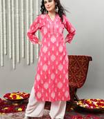 Pink printed cotton v neck kurtas and kurtis