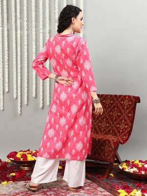 Pink printed cotton v neck kurtas and kurtis 2