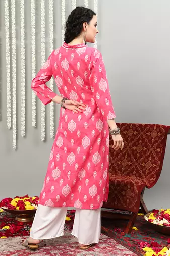 Pink printed cotton v neck kurtas and kurtis