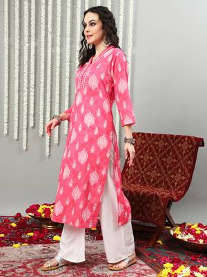 Pink printed cotton v neck kurtas and kurtis 3