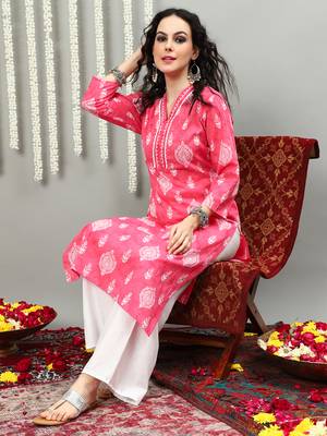 Pink printed cotton v neck kurtas and kurtis 4